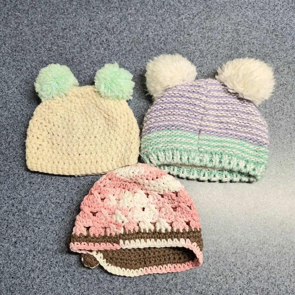 406 Yarn Creations Crocheted Cap & Two Pom Pom knit Hats 3-6 Months, NWOT